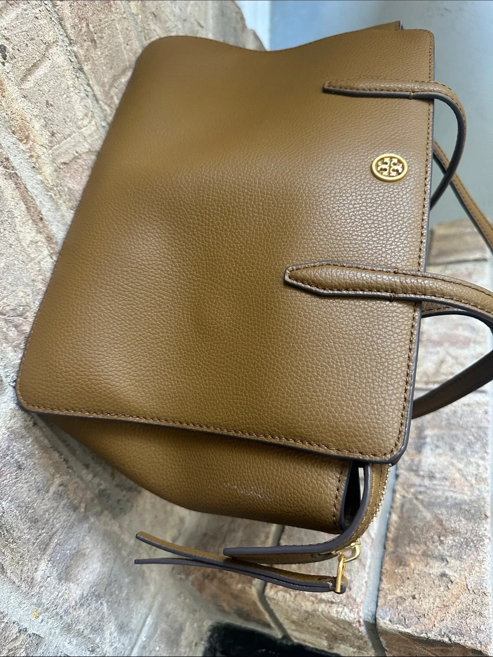 Tory Burch Olive-Toned Brown Pebbled Leather Tote with Gold Logo